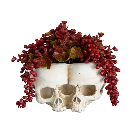 6" Artificial Halloween String of Pearls in Double Skull Planter By Nearly Natural in Red | 8" x 6" x 6" | Michaels®